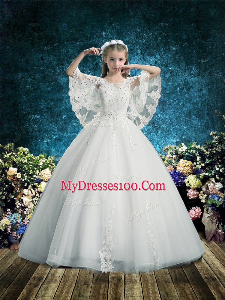Cheap White Ball Gowns Tulle Scoop Half Sleeves Lace Floor Length Lace Up Flower Girl Dresses