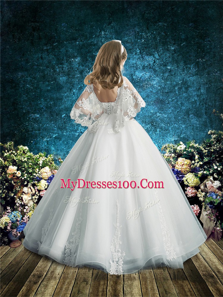 Cheap White Ball Gowns Tulle Scoop Half Sleeves Lace Floor Length Lace Up Flower Girl Dresses