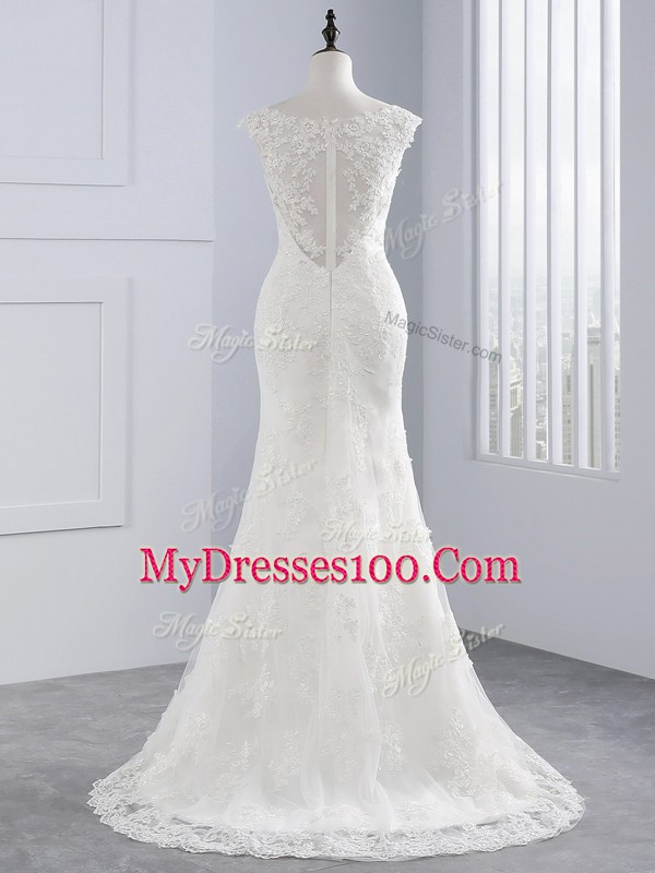 Lace Scoop Sleeveless Zipper Lace and Appliques Wedding Gowns in White