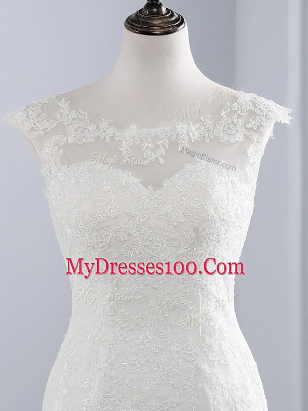 Lace Scoop Sleeveless Zipper Lace and Appliques Wedding Gowns in White