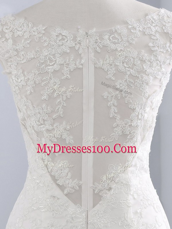 Lace Scoop Sleeveless Zipper Lace and Appliques Wedding Gowns in White