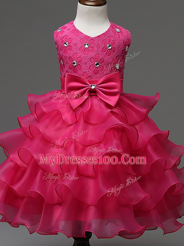 Fantastic Sleeveless Lace and Ruffled Layers and Bowknot Zipper Little Girl Pageant Gowns