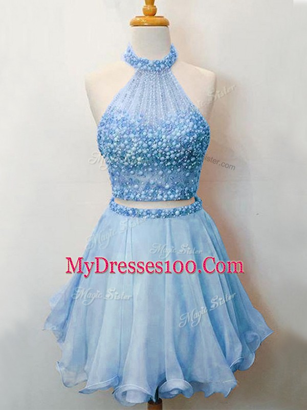 Blue Two Pieces Beading Bridesmaids Dress Lace Up Organza Sleeveless Knee Length