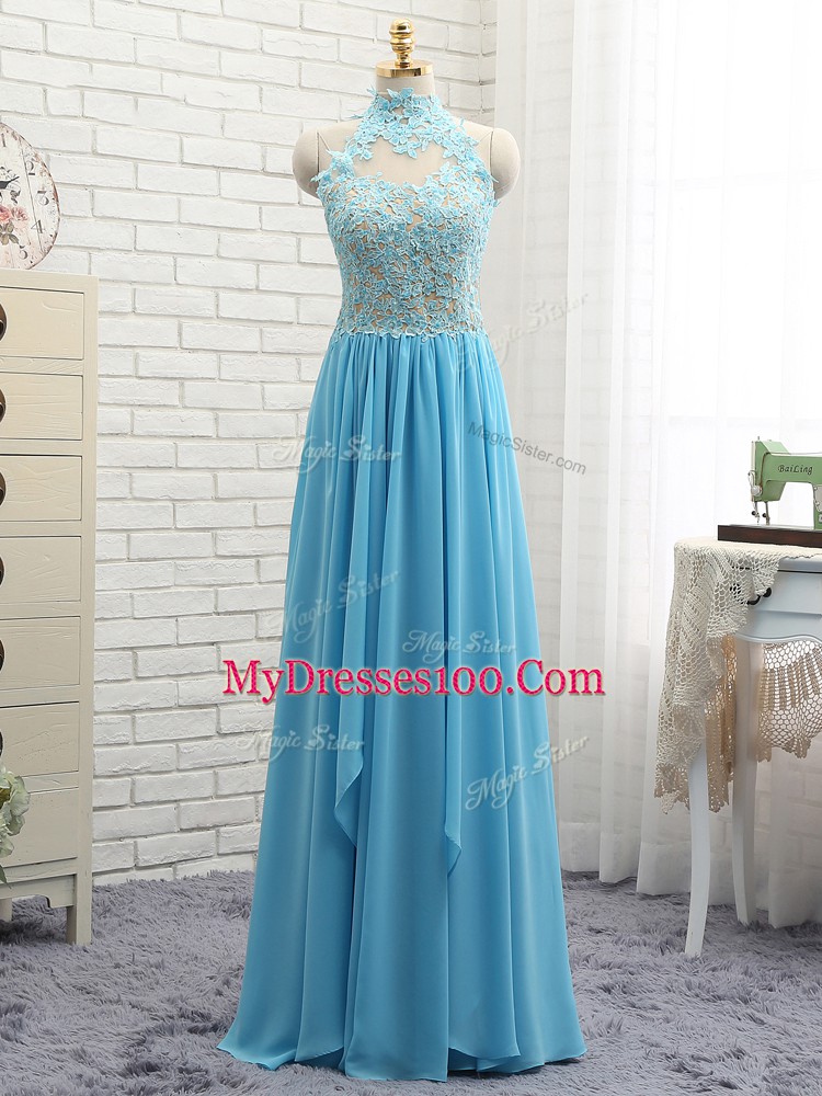Romantic Floor Length Empire Sleeveless Baby Blue Prom Evening Gown Backless