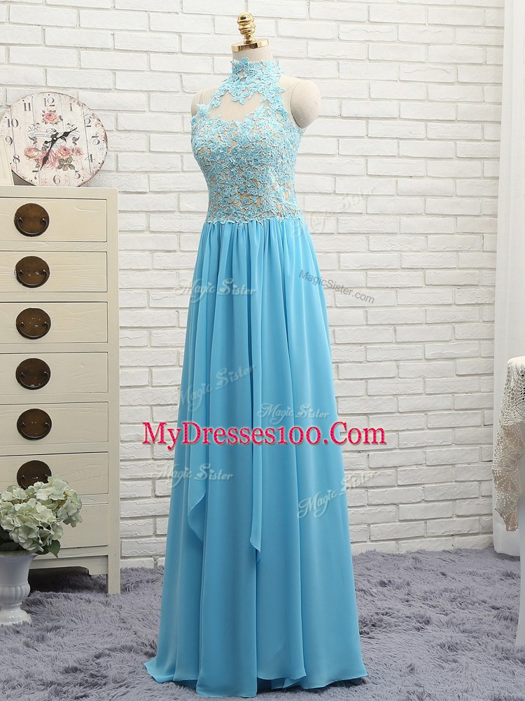 Romantic Floor Length Empire Sleeveless Baby Blue Prom Evening Gown Backless