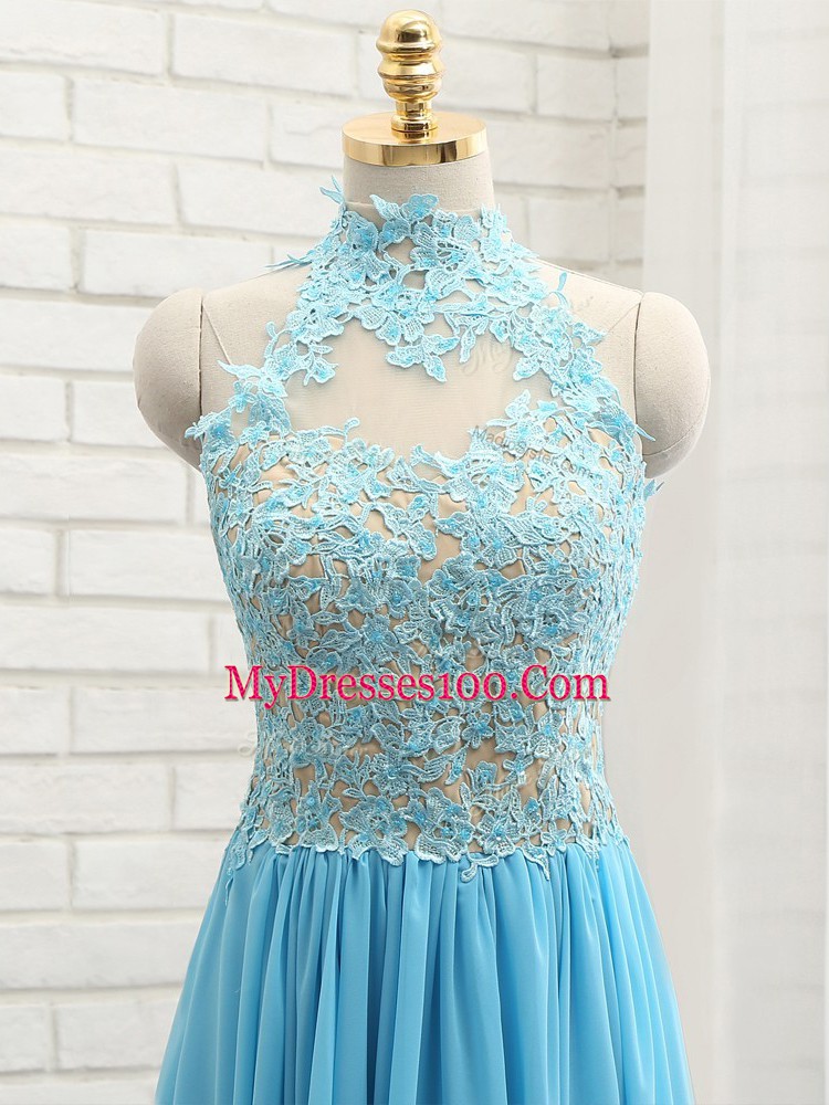 Romantic Floor Length Empire Sleeveless Baby Blue Prom Evening Gown Backless