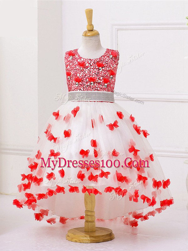 Unique White And Red Tulle Zipper Flower Girl Dresses Sleeveless High Low Appliques and Sequins