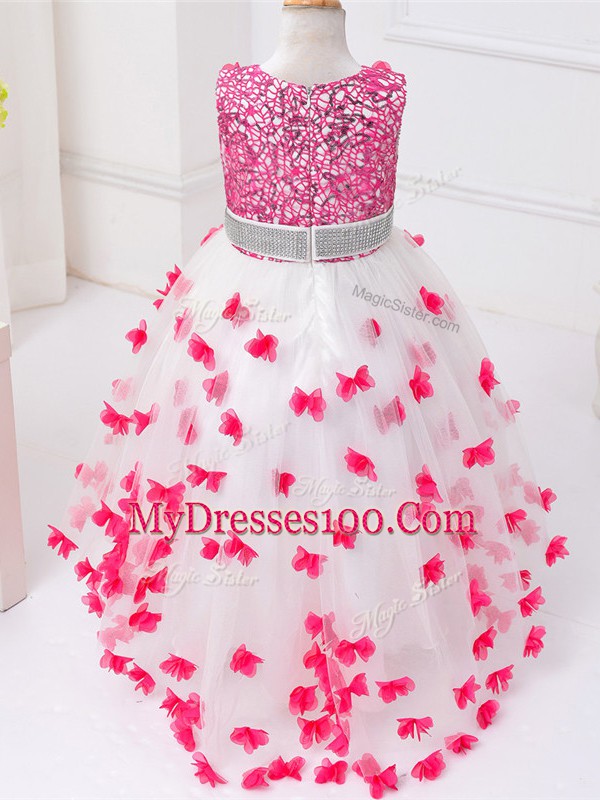 Unique White And Red Tulle Zipper Flower Girl Dresses Sleeveless High Low Appliques and Sequins