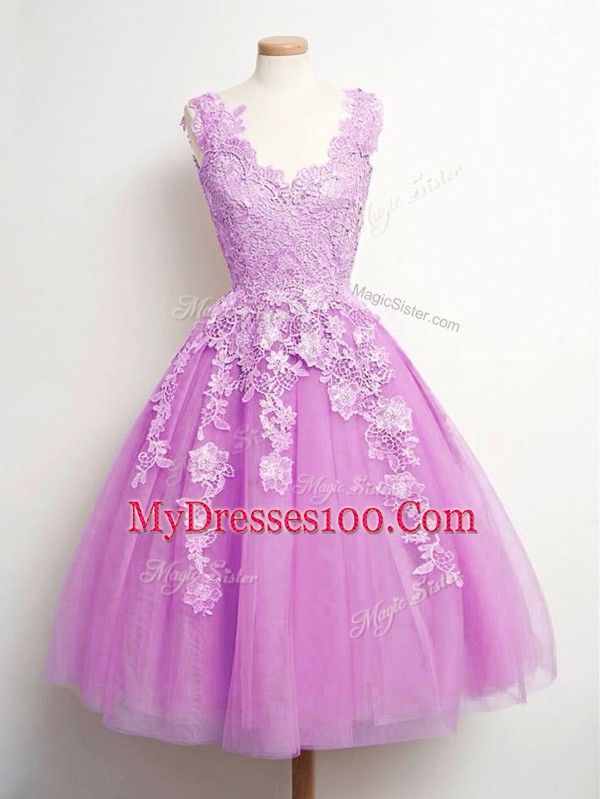 Popular Knee Length Lace Up Vestidos de Damas Lilac for Prom and Party and Wedding Party with Lace