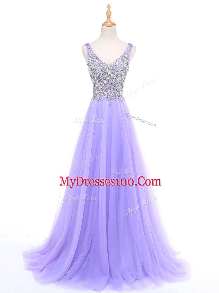 Beautiful Lavender Tulle Zipper Homecoming Dress Sleeveless Floor Length Beading