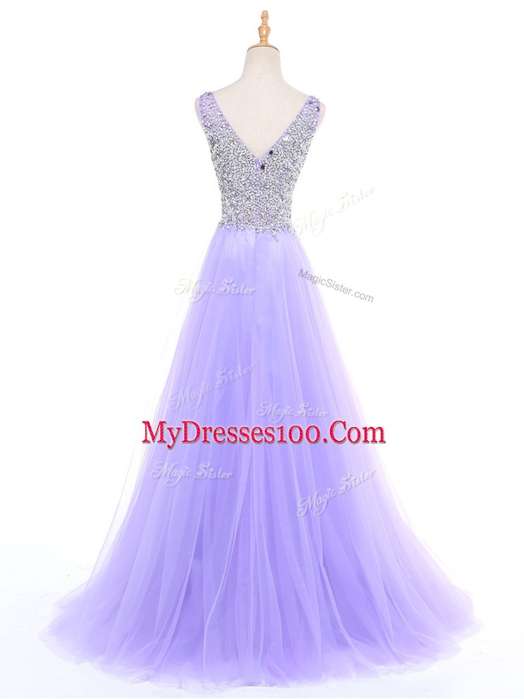 Beautiful Lavender Tulle Zipper Homecoming Dress Sleeveless Floor Length Beading