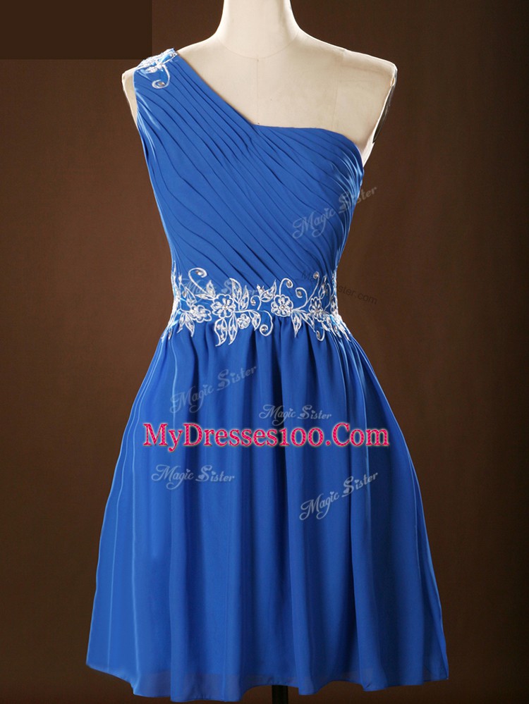 Mini Length Zipper Bridesmaids Dress Blue for Prom and Party and Wedding Party with Appliques and Ruching
