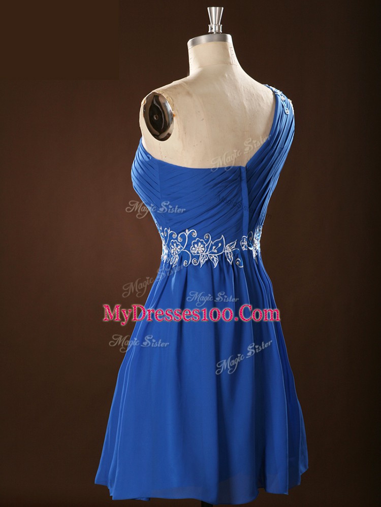 Mini Length Zipper Bridesmaids Dress Blue for Prom and Party and Wedding Party with Appliques and Ruching