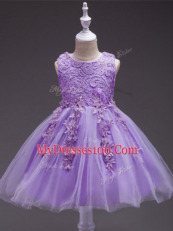Inexpensive Lavender Sleeveless Appliques Knee Length Toddler Flower Girl Dress