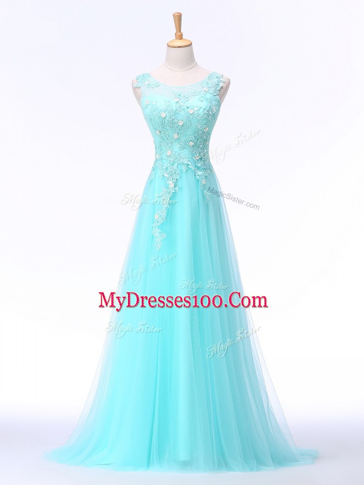 Designer Aqua Blue Chiffon Backless Scoop Sleeveless Dress for Prom Brush Train Lace and Appliques