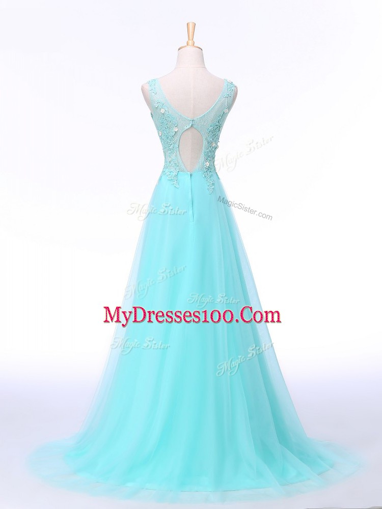 Designer Aqua Blue Chiffon Backless Scoop Sleeveless Dress for Prom Brush Train Lace and Appliques