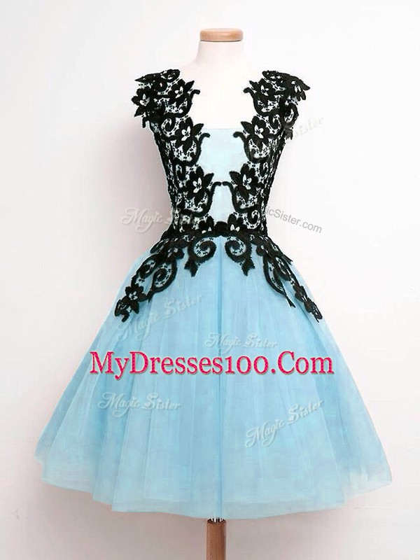 Fine Knee Length Aqua Blue Bridesmaids Dress Tulle Sleeveless Lace