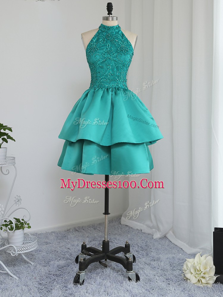 Fitting Mini Length A-line Sleeveless Turquoise Prom Gown Zipper