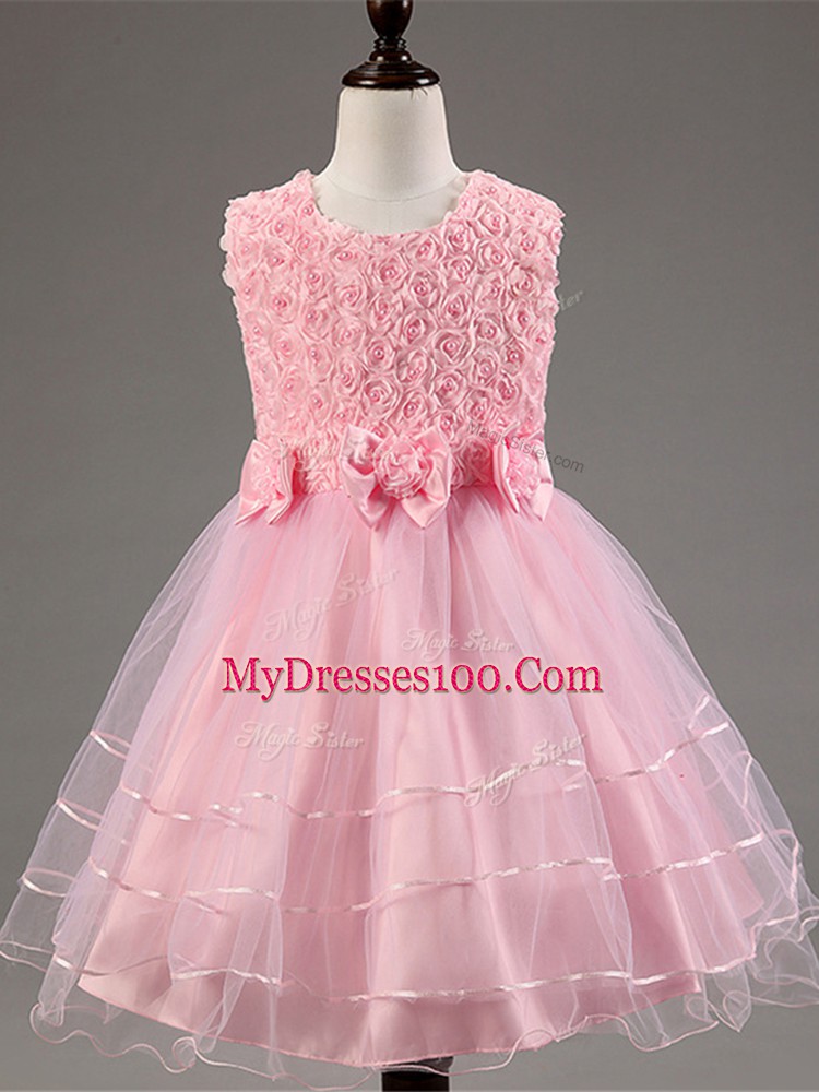 Baby Pink Sleeveless Ruffled Layers and Hand Made Flower Knee Length Child Pageant Dress