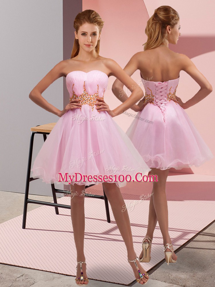 Baby Pink Sweetheart Neckline Beading and Ruching Dress for Prom Sleeveless Lace Up