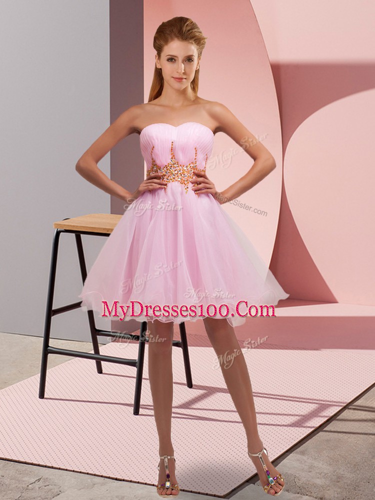 Baby Pink Sweetheart Neckline Beading and Ruching Dress for Prom Sleeveless Lace Up