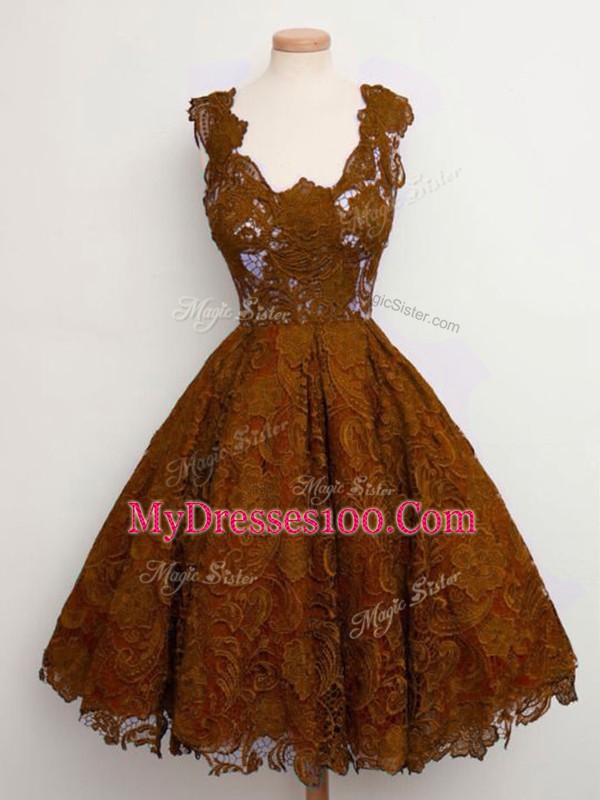Lace Straps Sleeveless Lace Up Lace Bridesmaid Dress in Brown