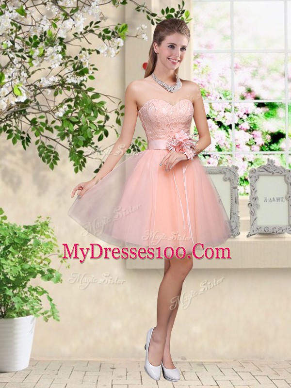 Tulle Sweetheart Sleeveless Lace Up Lace and Belt Wedding Party Dress in Peach
