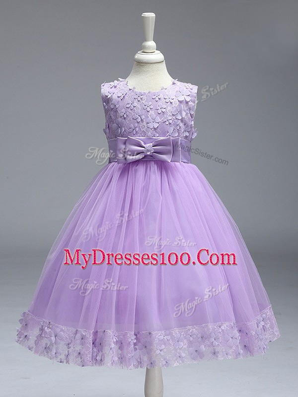 Colorful Scoop Sleeveless Toddler Flower Girl Dress Knee Length Lace and Bowknot Lavender Tulle