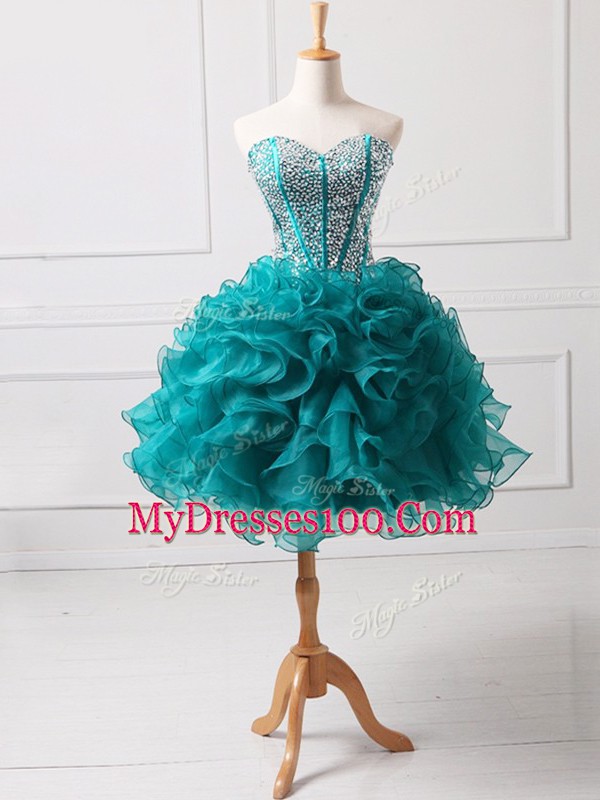 Custom Design Teal Prom Evening Gown Prom and Party and Sweet 16 with Beading and Ruffles Sweetheart Sleeveless Lace Up