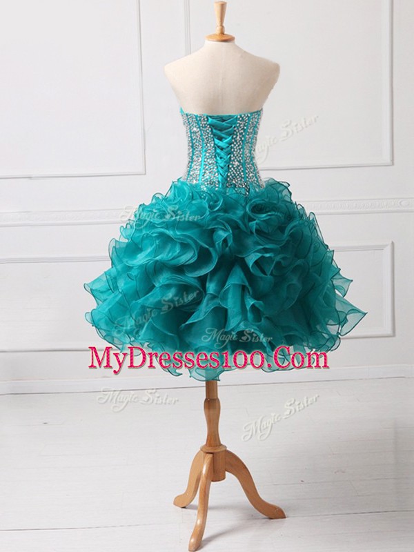 Custom Design Teal Prom Evening Gown Prom and Party and Sweet 16 with Beading and Ruffles Sweetheart Sleeveless Lace Up