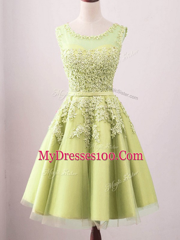 Suitable Tulle Scoop Sleeveless Lace Up Lace Bridesmaid Dresses in Yellow