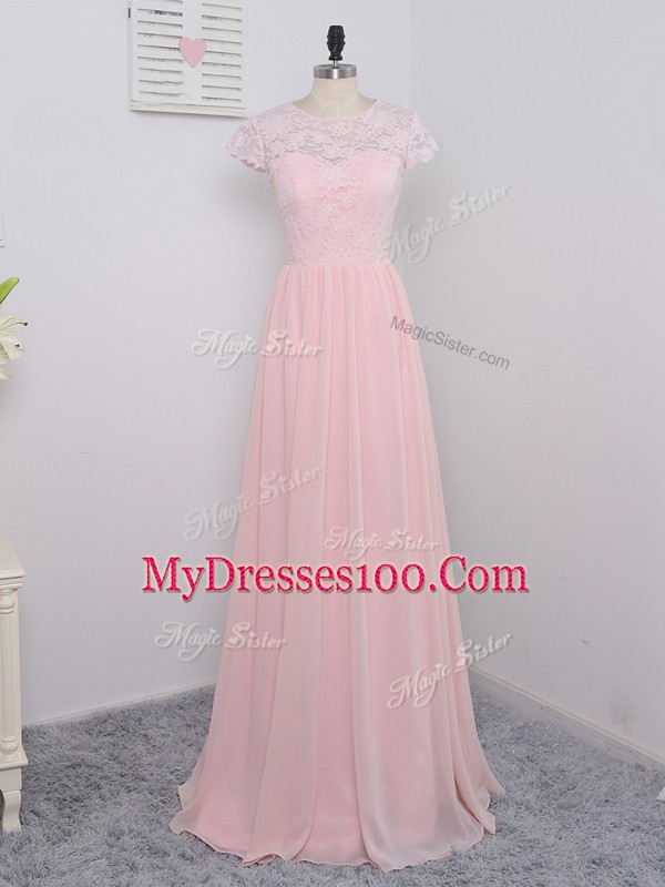 Gorgeous Floor Length Empire Short Sleeves Baby Pink Bridesmaids Dress Zipper
