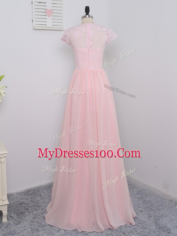 Gorgeous Floor Length Empire Short Sleeves Baby Pink Bridesmaids Dress Zipper