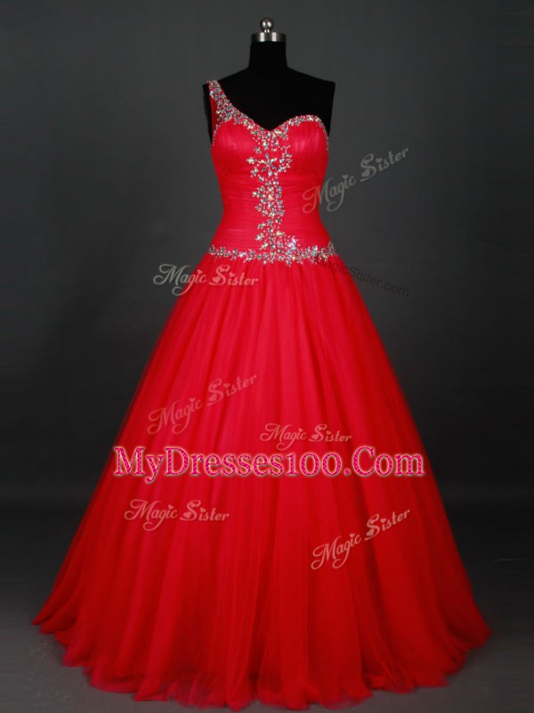 Red Zipper One Shoulder Beading Tulle Sleeveless