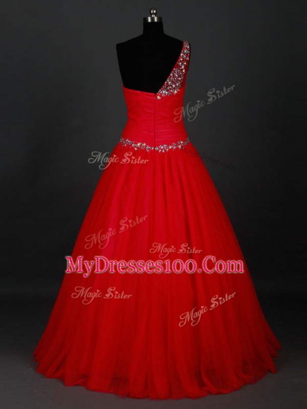 Red Zipper One Shoulder Beading Tulle Sleeveless
