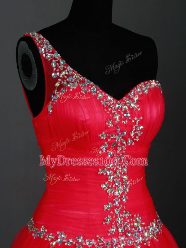 Red Zipper One Shoulder Beading Tulle Sleeveless
