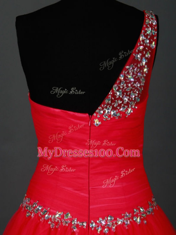 Red Zipper One Shoulder Beading Tulle Sleeveless