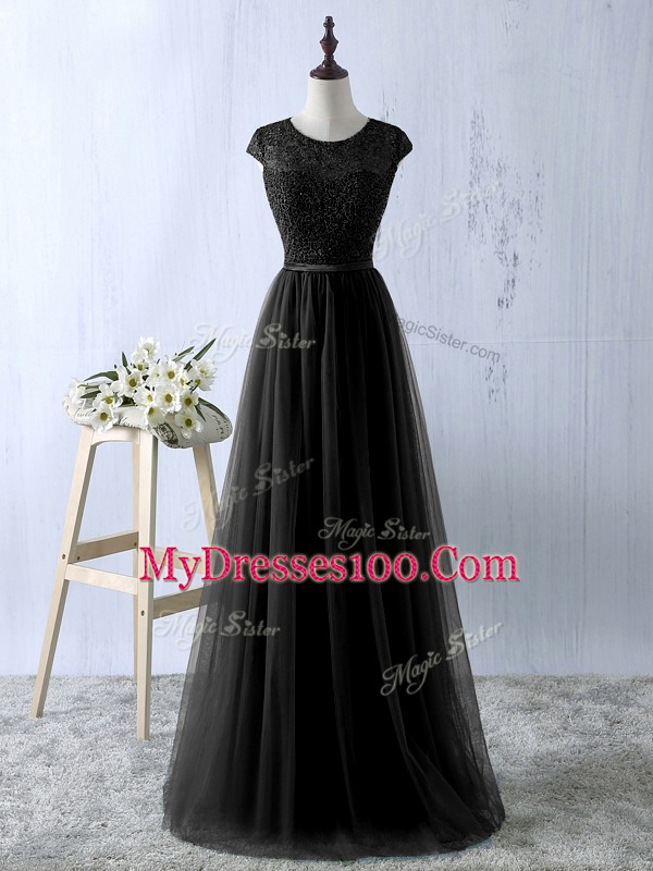 Vintage Black Empire Scoop Sleeveless Tulle Floor Length Zipper Lace Homecoming Dress