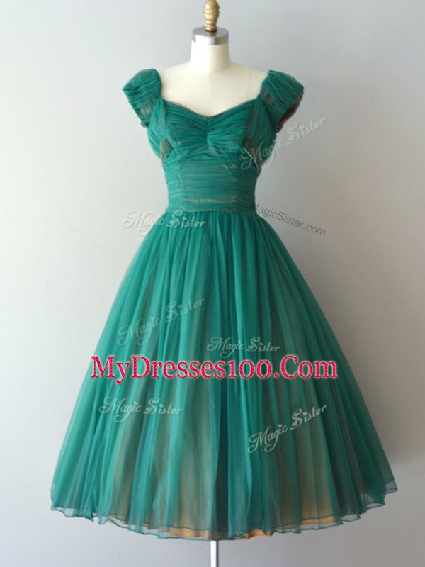 Chic Cap Sleeves Knee Length Ruching Zipper Bridesmaids Dress with Teal