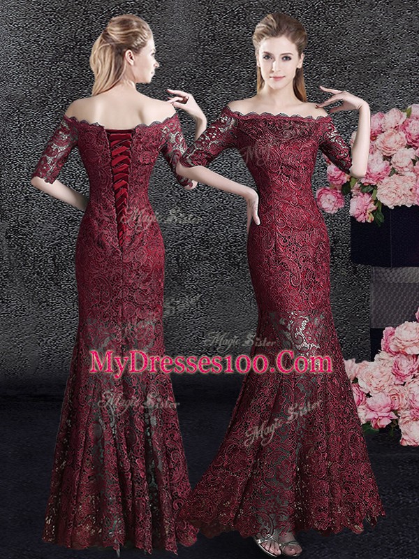 Mermaid Off the Shoulder Half Sleeves Lace Floor Length Lace Up Mother Dresses in Wine Red with Lace