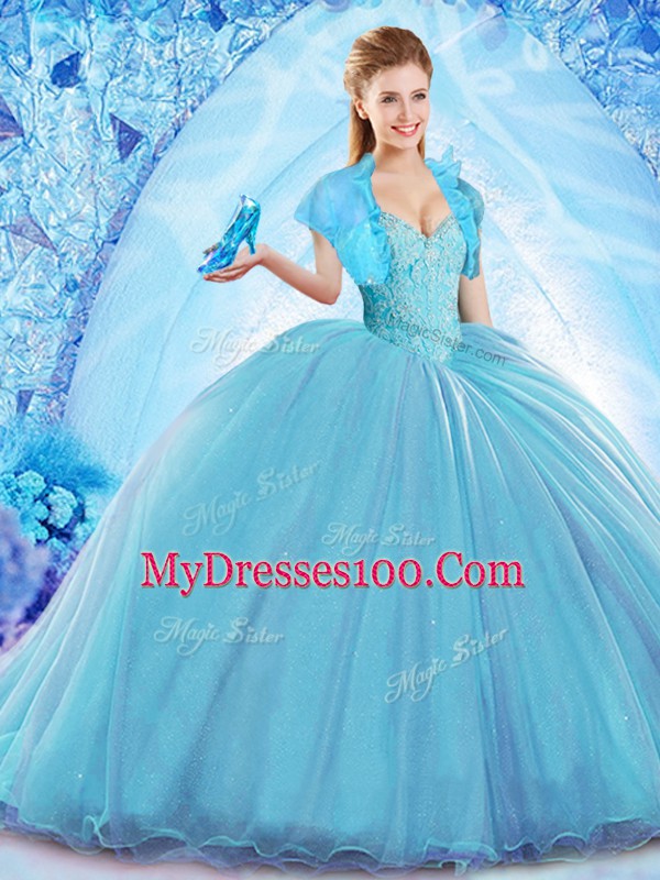 Glorious Baby Blue Organza Lace Up Off The Shoulder Sleeveless Quinceanera Gowns Sweep Train Beading