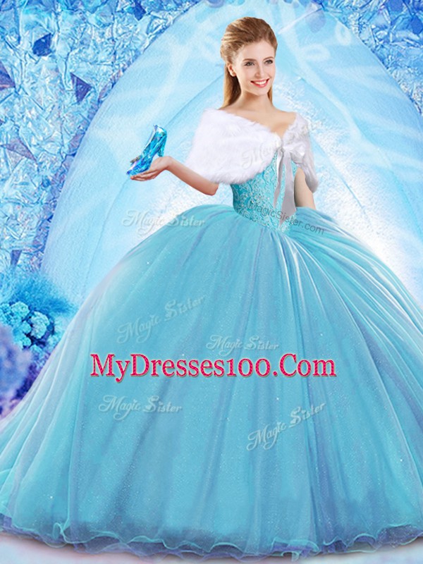 Glorious Baby Blue Organza Lace Up Off The Shoulder Sleeveless Quinceanera Gowns Sweep Train Beading
