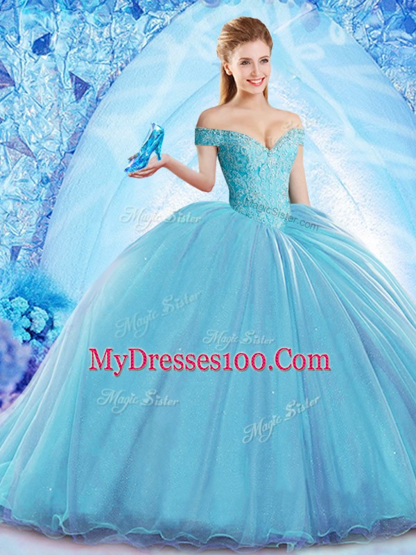 Glorious Baby Blue Organza Lace Up Off The Shoulder Sleeveless Quinceanera Gowns Sweep Train Beading