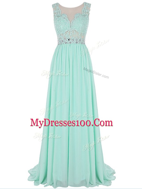 Best Apple Green Empire Chiffon Scalloped Sleeveless Beading and Lace and Appliques Backless Prom Gown Brush Train