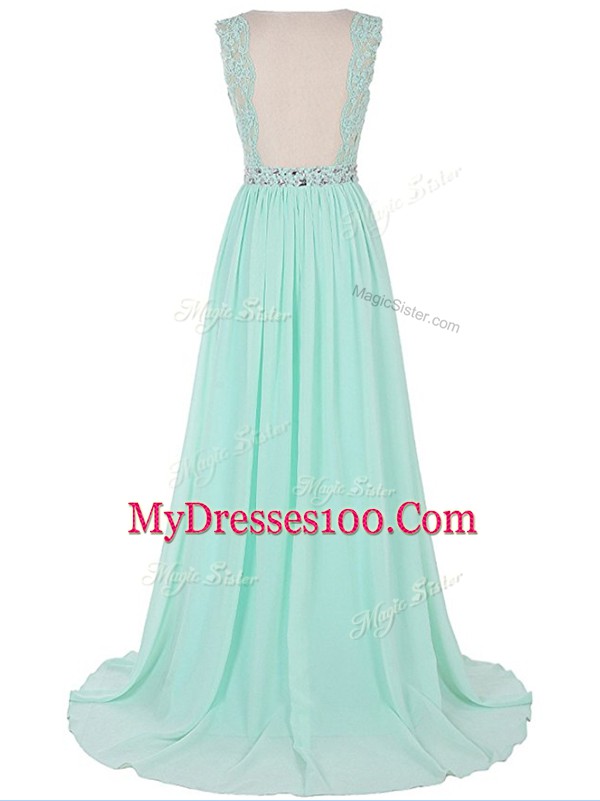 Best Apple Green Empire Chiffon Scalloped Sleeveless Beading and Lace and Appliques Backless Prom Gown Brush Train