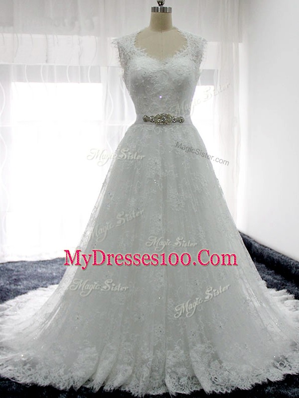 Luxurious White Sleeveless Brush Train Beading and Lace Wedding Dresses