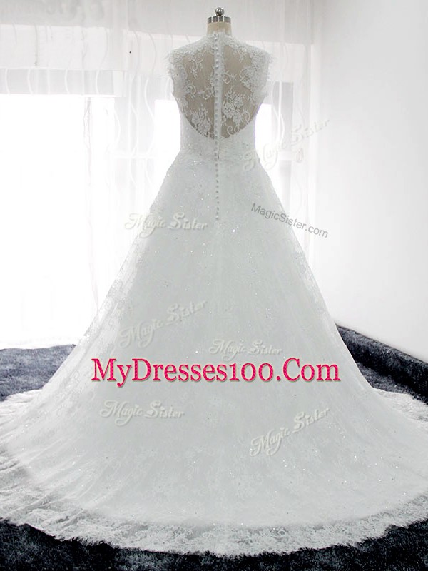 Luxurious White Sleeveless Brush Train Beading and Lace Wedding Dresses
