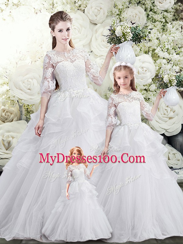 White Sweet 16 Quinceanera Dress Tulle Sweep Train Half Sleeves Lace and Ruffles