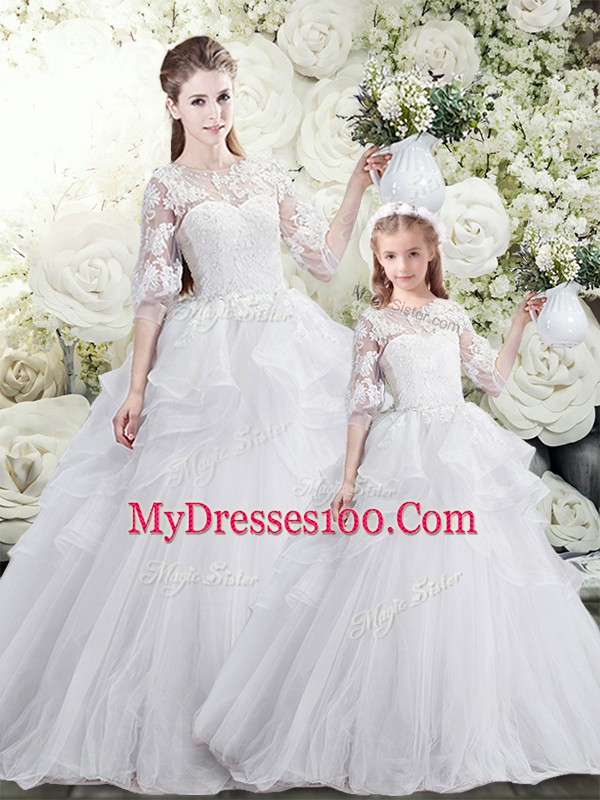 White Sweet 16 Quinceanera Dress Tulle Sweep Train Half Sleeves Lace and Ruffles
