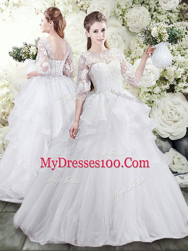 White Sweet 16 Quinceanera Dress Tulle Sweep Train Half Sleeves Lace and Ruffles